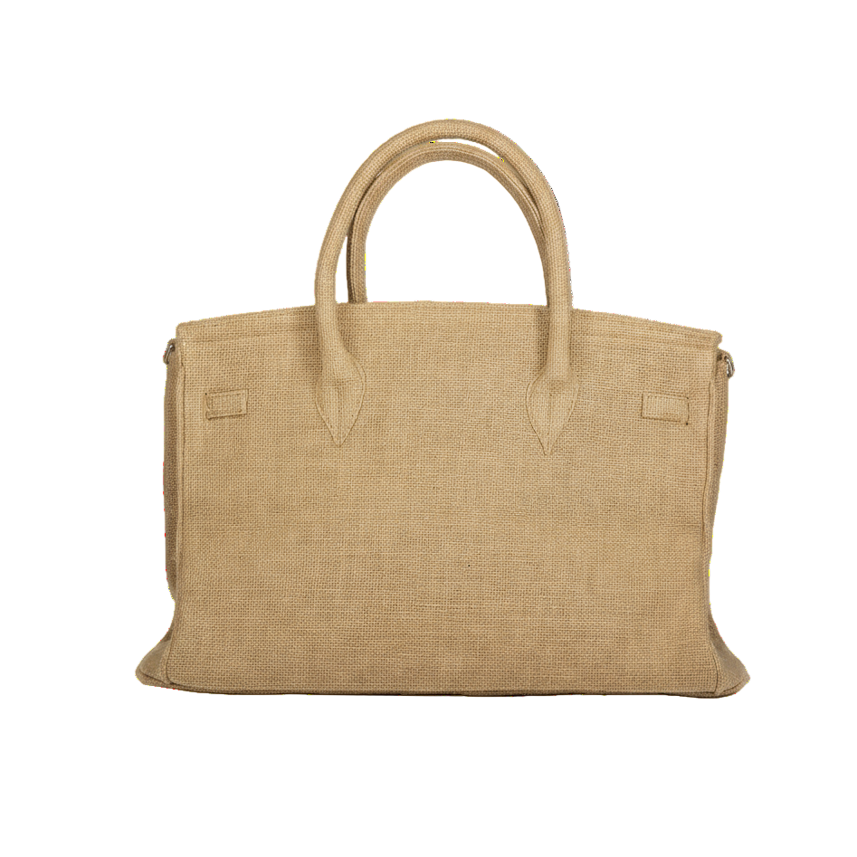 Beige handbag with woven texture on a white background