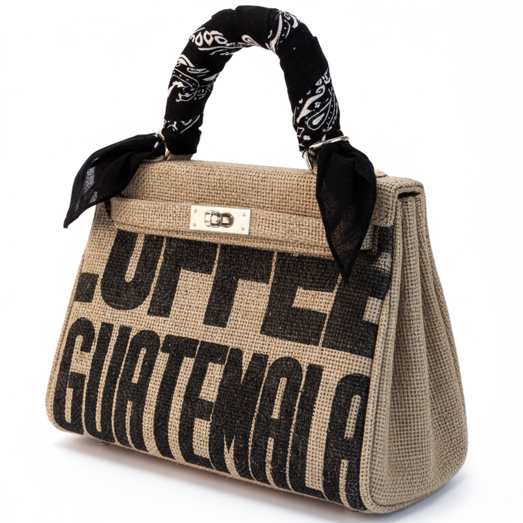 Handbag with 'Coffee Guatemala' text and black bandana handle on a white background